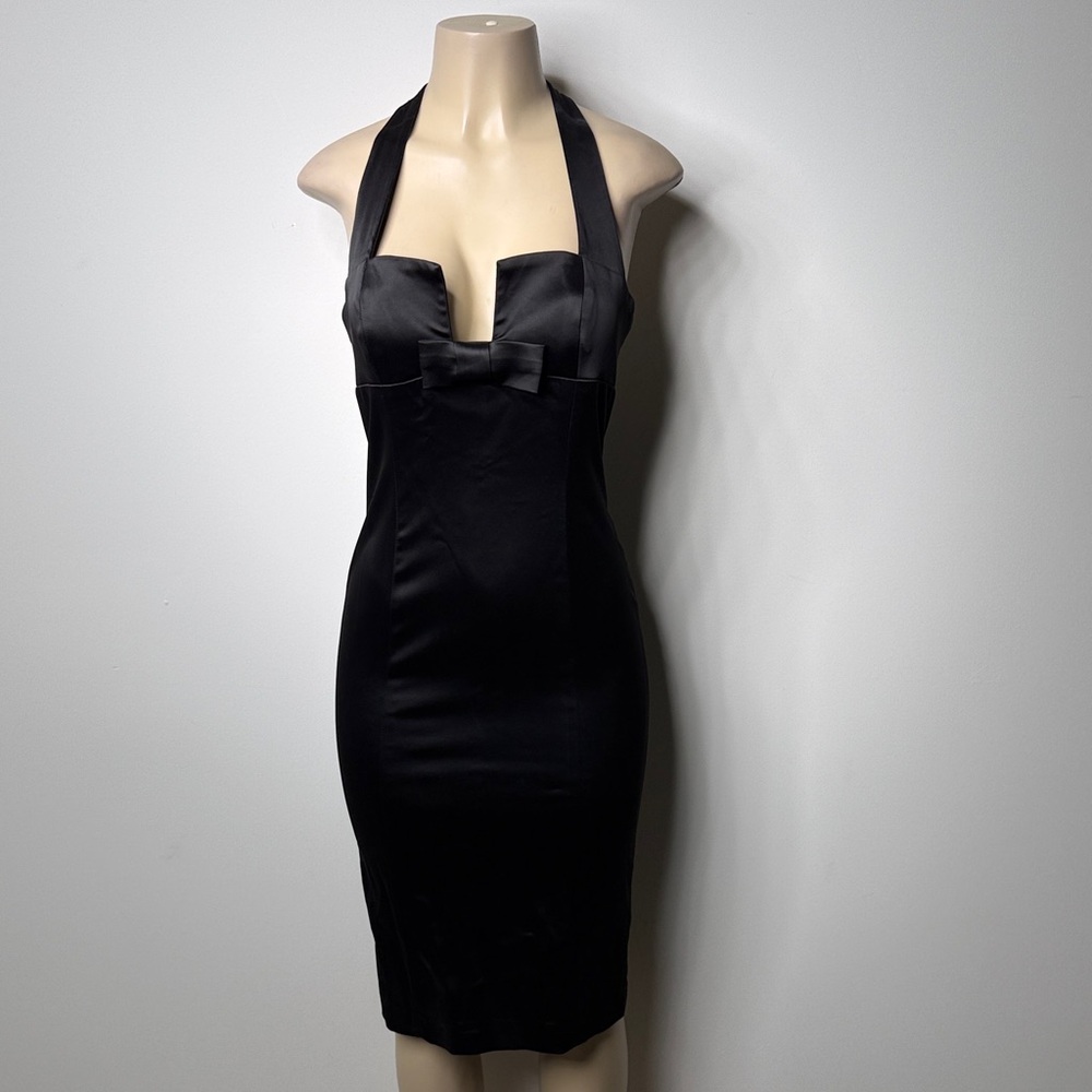 bebe Black Satin Halter Mini Dress with Bow Detail